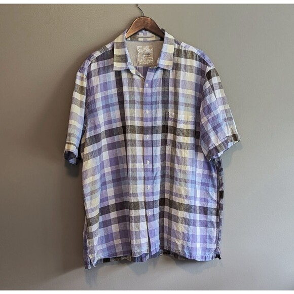 Tasso Elba Island Size XXL Linen Shirt Purple Plaid Mens Summer Top Short Sleeve - Picture 1 of 4
